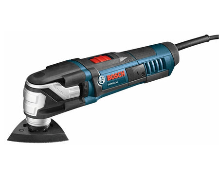 Bosch GOP55-36 multi-tool with triangular sanding pad attached; red switch and ergonomic body design shown.