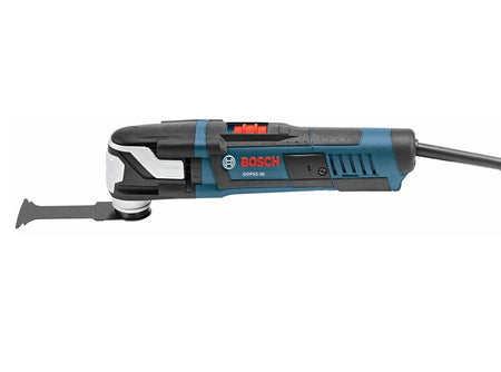 Bosch GOP18V-34 multi-tool with wide flat blade and side-mounted power switch; compact corded design.
