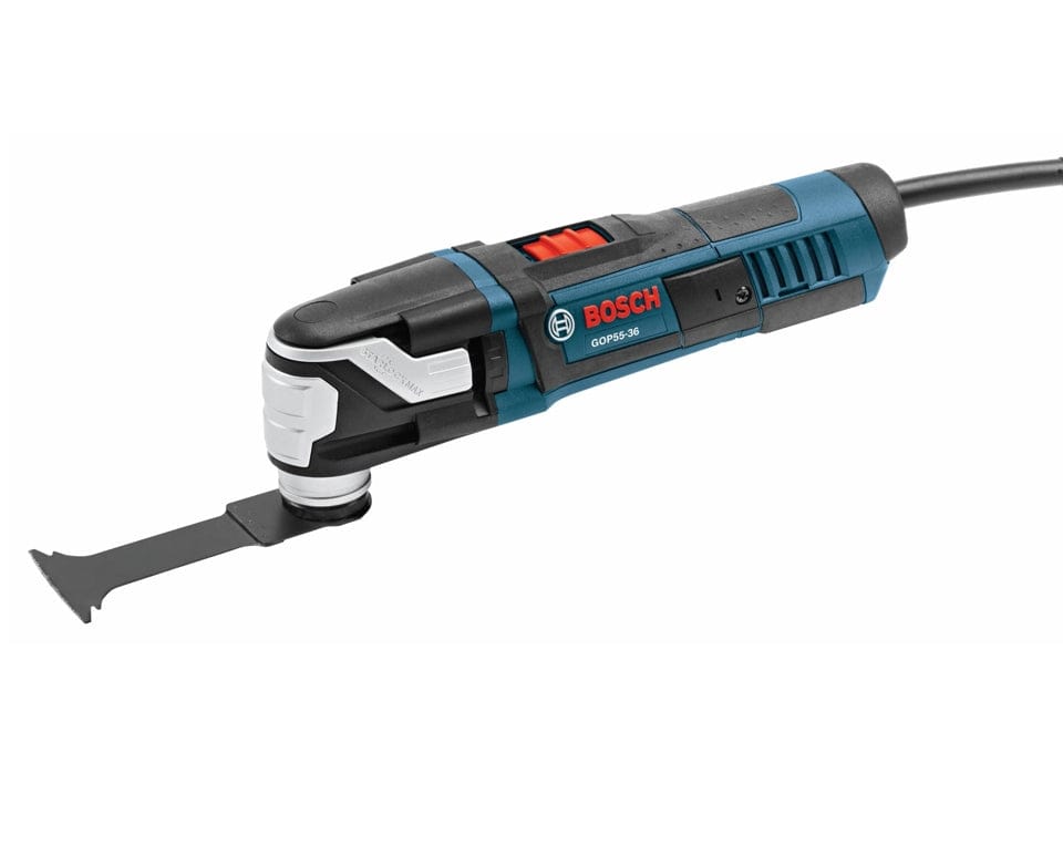 Bosch GOP55-36 multi-tool with blade attachment and corded power supply; model number and branding visible.