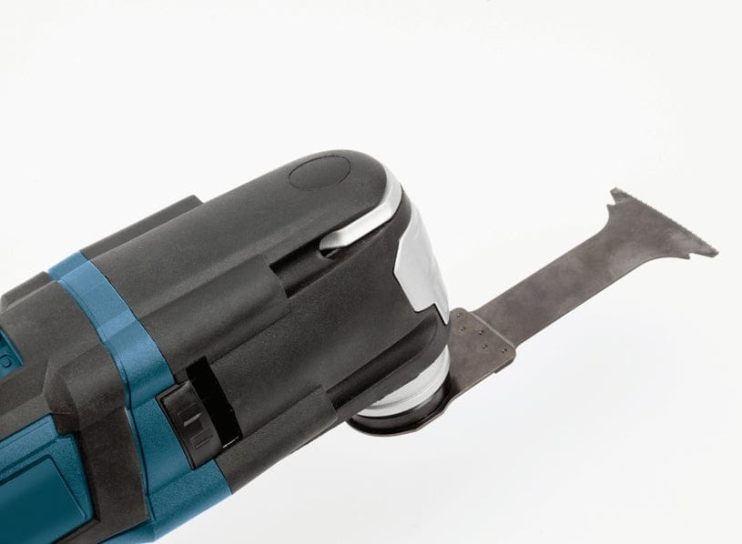 Bosch oscillating multi-tool with flat blade attachment extended from front; designed for cutting or scraping tasks.