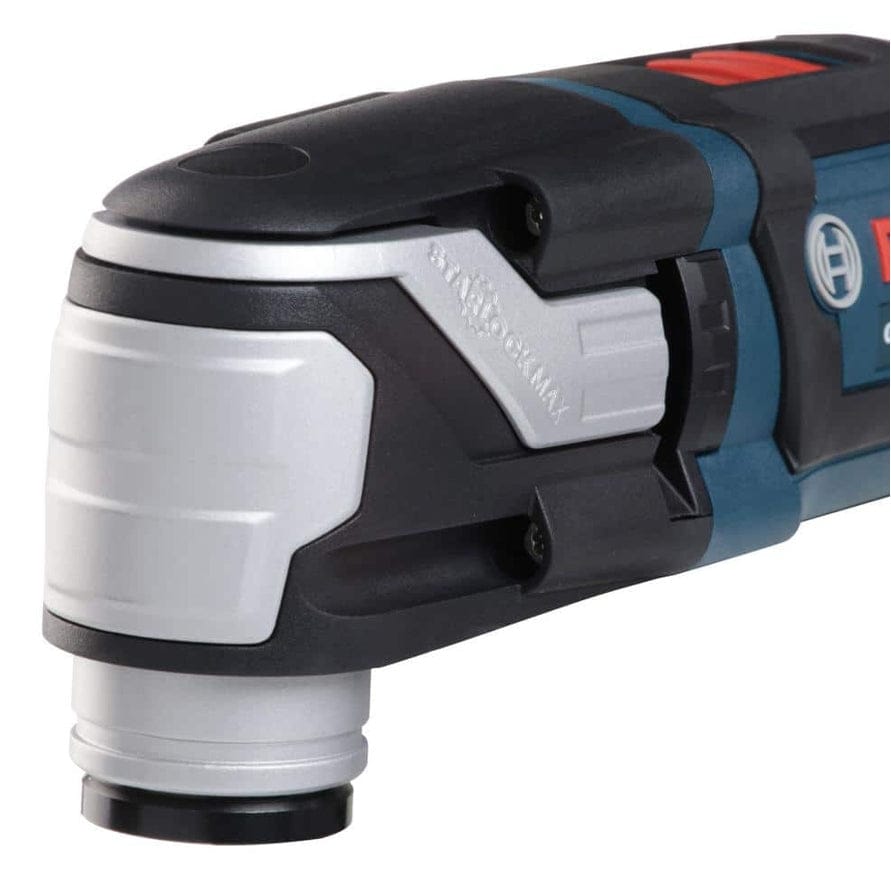 Bosch oscillating multi-tool head with silver attachment area, red switch