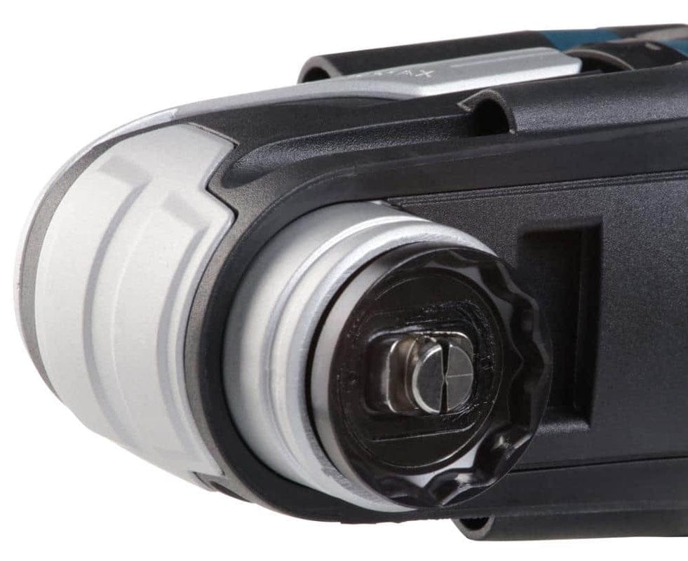 Close-up of Bosch multi-tool head showing metallic oscillating attachment and black locking mechanism for accessories.
