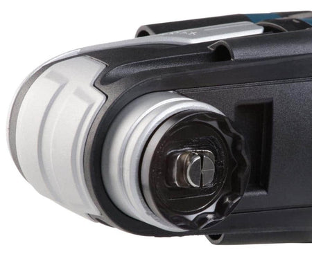 Close-up of Bosch multi-tool head showing metallic oscillating attachment and black locking mechanism for accessories.
