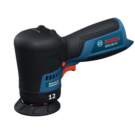 A side-angle profile shot of the standalone Bosch GPX12V-77N 12V Max Cordless 3-Inch Random Orbital Polisher isolated against a white background. This compact handheld auto detail buffer features a ergonomic blue and black rubberized barrel grip handle, a red variable-speed trigger switch, an internal brushless motor indicator, and a bottom backing plate configured for small spot paint repair.
