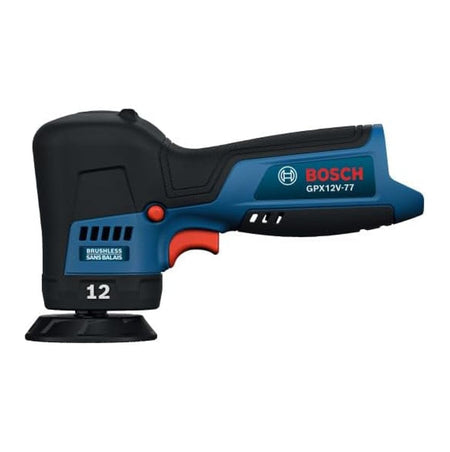 A side-view profile catalog shot of the Bosch GPX12V-77N cordless handheld car scratch buffer. Pictured from the side against a white backdrop, the tool showcases its compact housing layout, five-stage battery status LED panel on the upper motor casing, soft rubber overmold grip textures, and distinct red trigger mechanism for precision speed control.