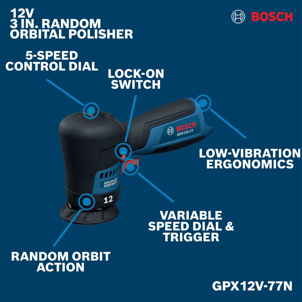 Bosch GPX12V-77N product feature layout diagram engineered for search engine algorithms. Set against a solid dark blue background, pointer line indicators highlight specific tool advantages, labeling the 5-speed control dial, trigger lock-on switch, low-vibration ergonomics, variable speed dial and trigger, and random orbit action on this 12V 3-inch random orbital polisher.