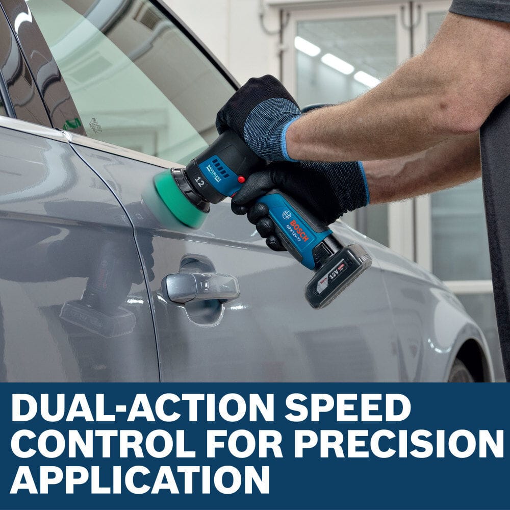 An automotive detailer wearing black textured work gloves utilizing the Bosch GPX12V-77N brushless random orbital polisher to buff out minor scratches on a gray car door panel. This profile view illustrates the compact tool layout and single-handed operational control, enhanced by a lower text box stating Dual-action speed control for precision application.