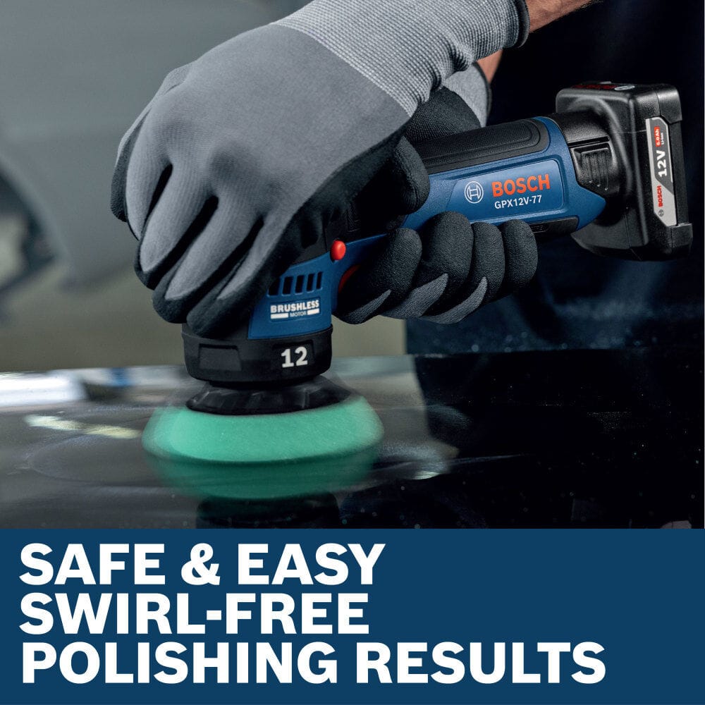 A close-up application shot showing a detail craftsman finishing a premium mirror-like black vehicle surface using a green foam compounding pad on the Bosch GPX12V-77N cordless paint scratch buffer. The image captures the rotating random orbit motion on the bodywork, accompanied by lower text reading Safe and easy swirl-free polishing results.