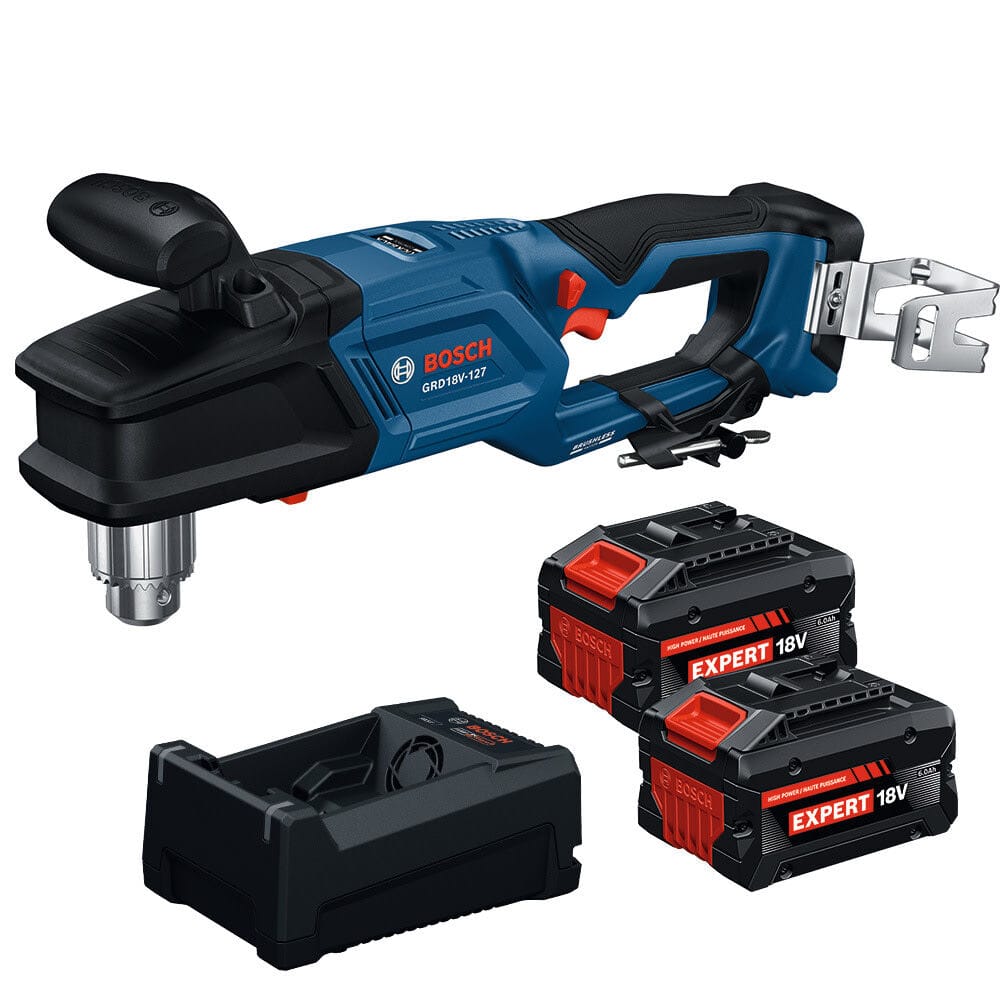 A complete product kit layout on a plain white background showing the Bosch 18V brushless right angle joist drill body side-by-side with its complete set of matching components, featuring two identical red and black 18V 6.0 Ah EXPERT lithium-ion battery packs, a multi-voltage fast charger base dock, a steel chuck key tool, and a robust auxiliary side handle attachment.