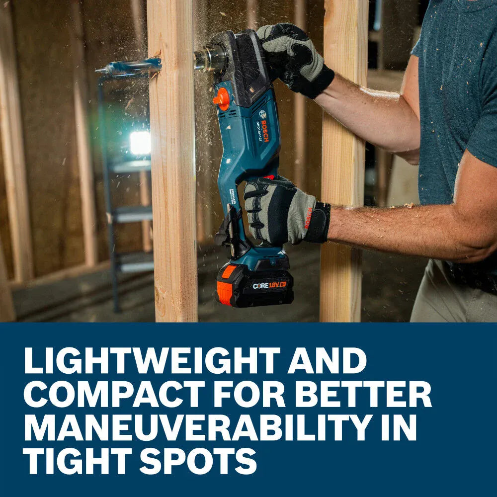 A close-up application shot of a plumber or electrician manipulating the Bosch high-torque right angle joist drill between structural wall studs, highlighting how the tool's compact low-profile chassis maneuvers comfortably inside restrictive framing cavities.