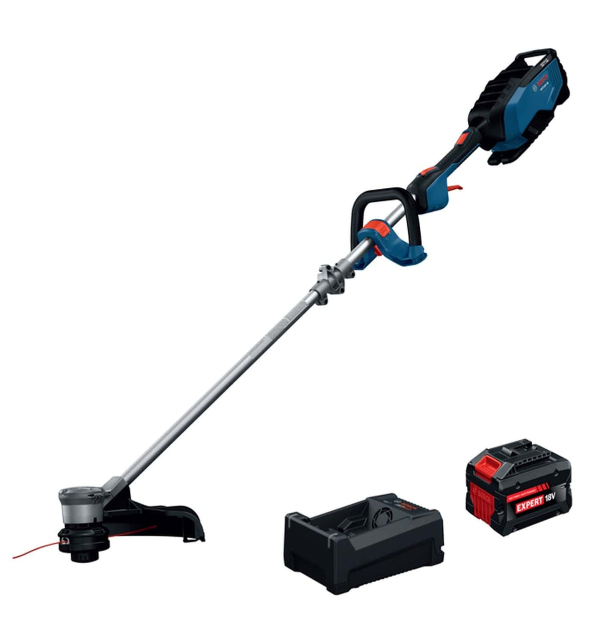 A professional studio product shot of the Bosch GRT18V-40 18V brushless string trimmer alongside an 8Ah Expert high-power battery and a multi-voltage fast charger, highlighting a complete cordless landscaping solution.