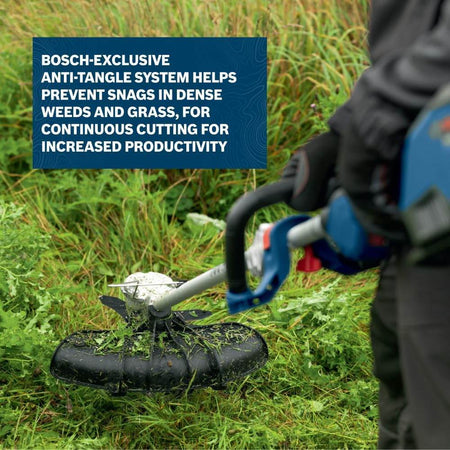 Detailed action shot of the Bosch-exclusive anti-tangle system in use, showing the trimmer head cutting through dense weeds and tall grass without snagging or motor entanglement.