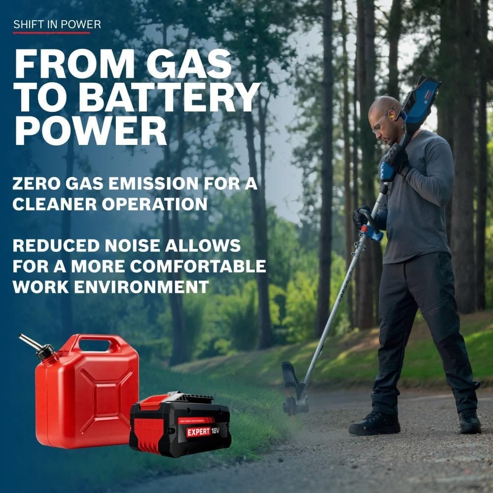 A comparative marketing graphic showing a professional landscaper using the Bosch 18V PROFACTOR string trimmer next to a gas can, emphasizing the transition from gas to battery power with zero emissions and reduced noise.