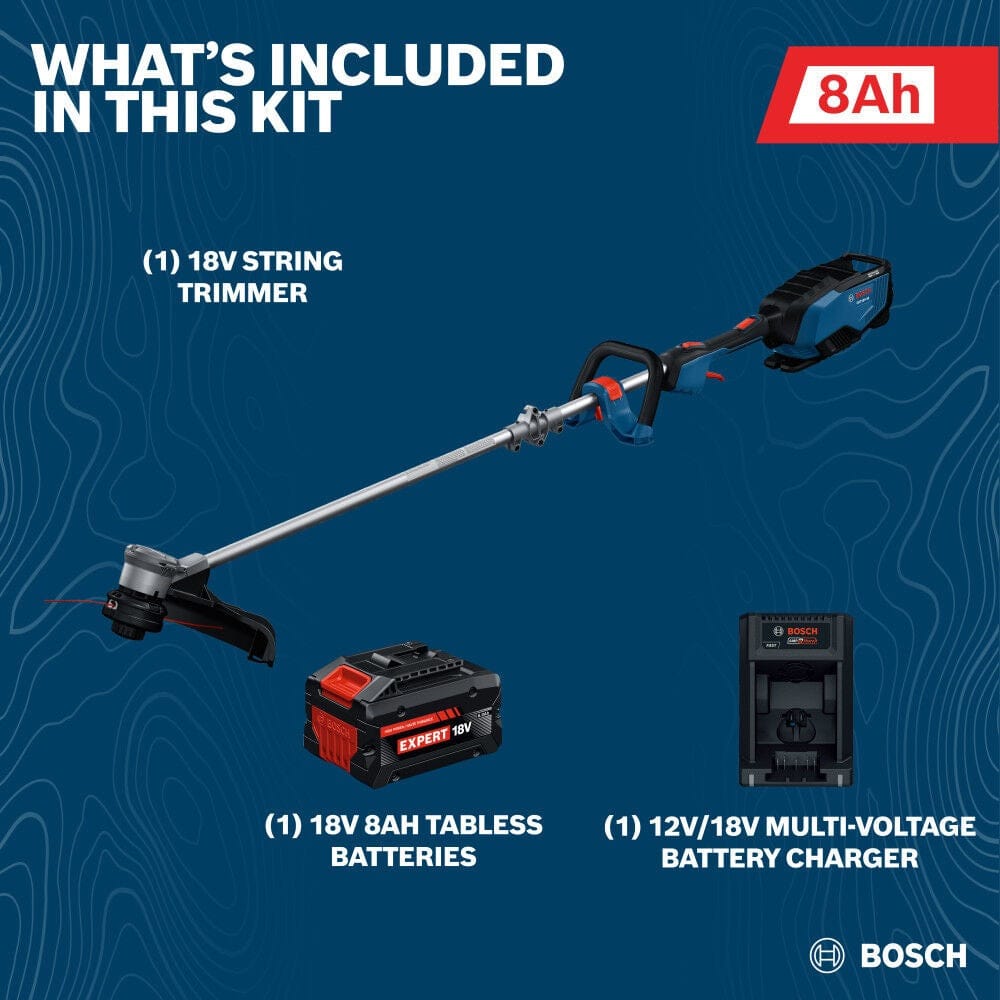 A What's Included kit graphic displaying the Bosch 18V string trimmer, one 18V 8Ah high-power battery, and a 12V/18V multi-voltage battery charger set against a professional blue background.