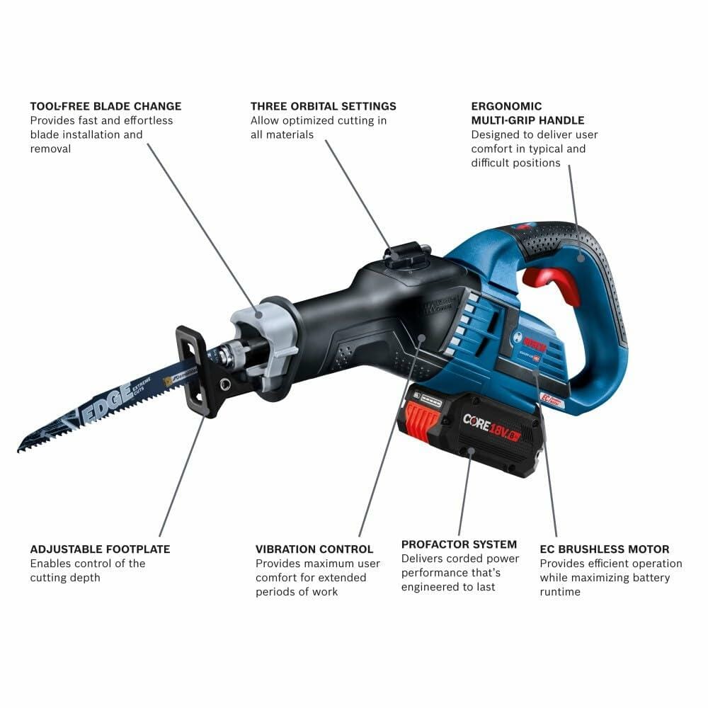 BOSCH GSA18V-125K14A 18V Brushless Reciprocating Saw Kit with CORE18V 8 Ah Battery and multi-grip handle