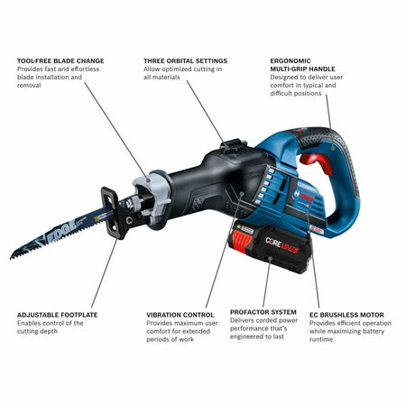 BOSCH GSA18V-125K14A 18V Brushless Reciprocating Saw Kit with CORE18V 8 Ah Battery and multi-grip handle