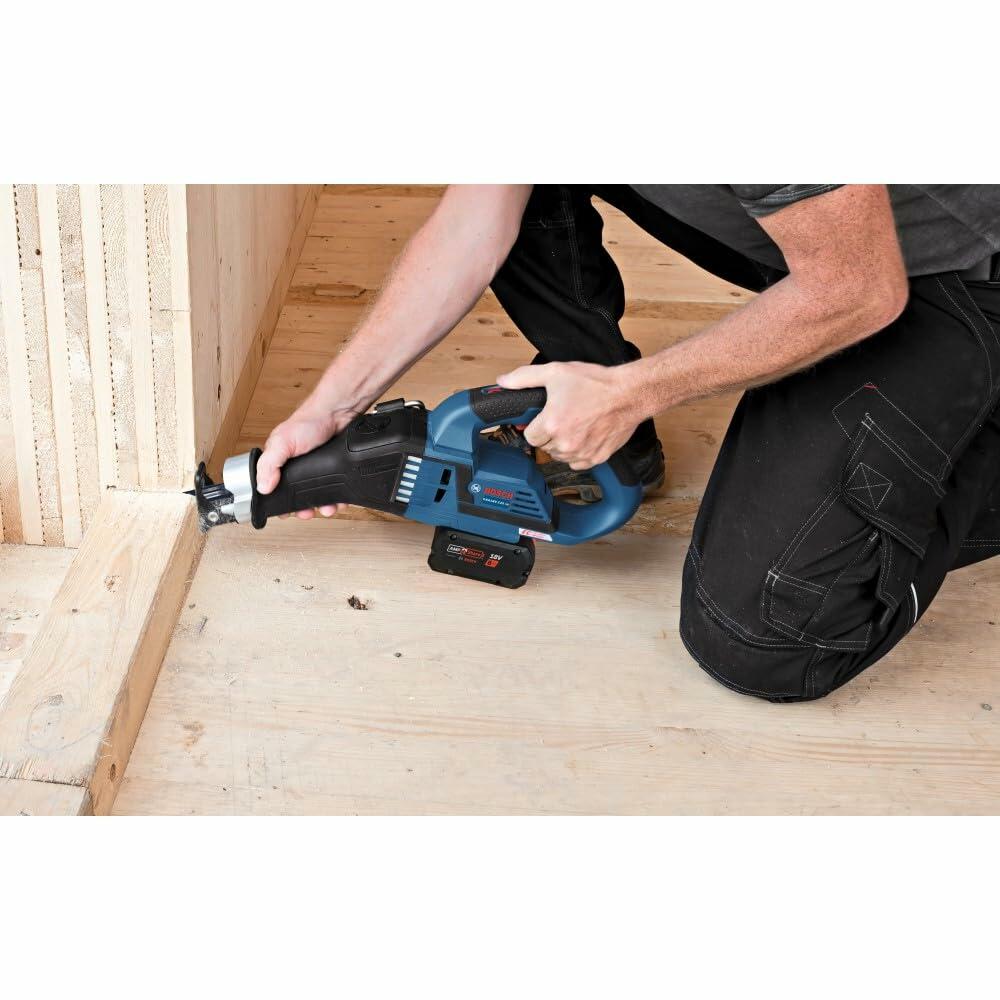 BOSCH GSA18V-125K14A 18V Brushless Reciprocating Saw Kit with CORE18V 8 Ah Battery cutting wood framing