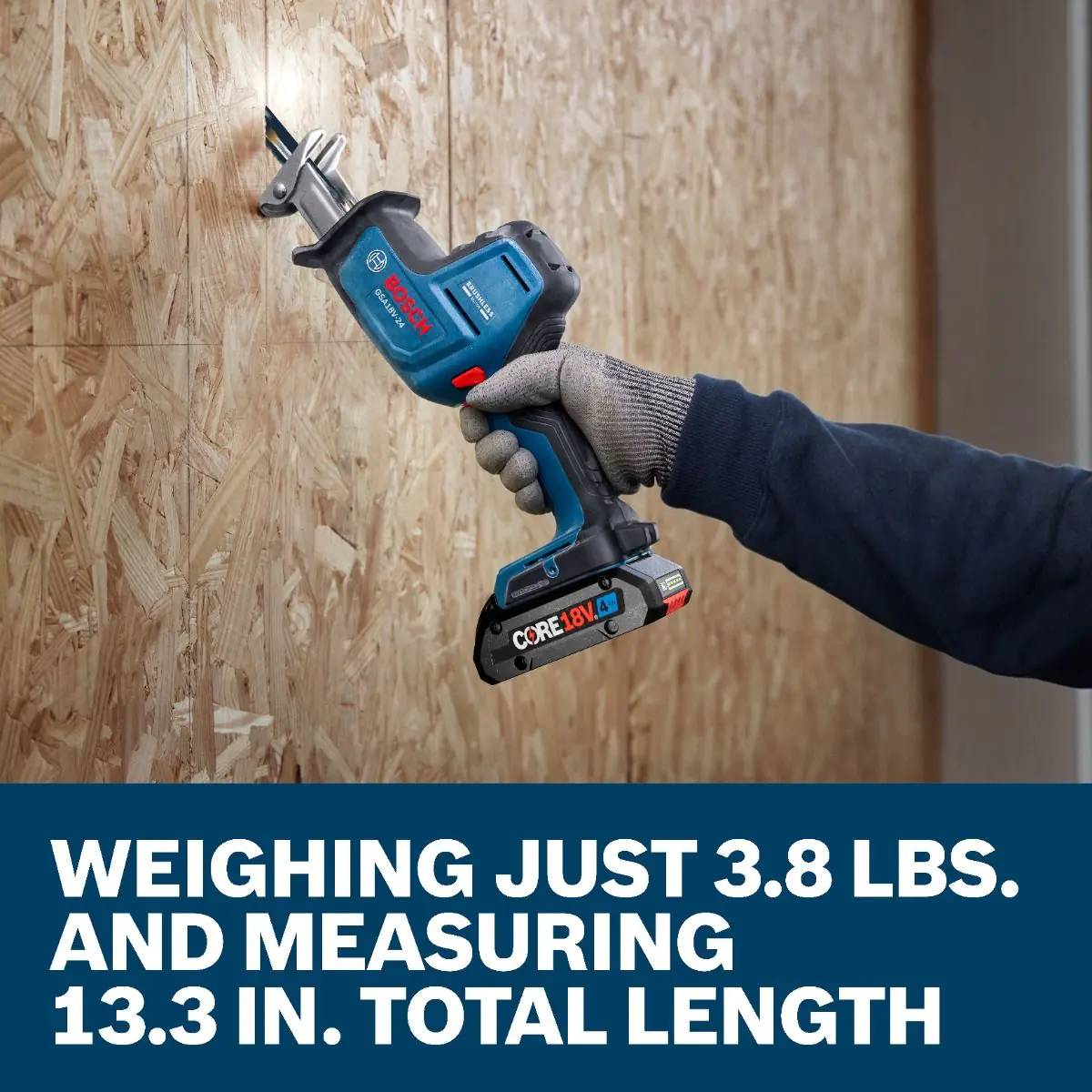 An action shot of the saw being used on a wooden surface, with text highlighting that it weighs just 3.8 lbs. and measures 13.3 in. total length.