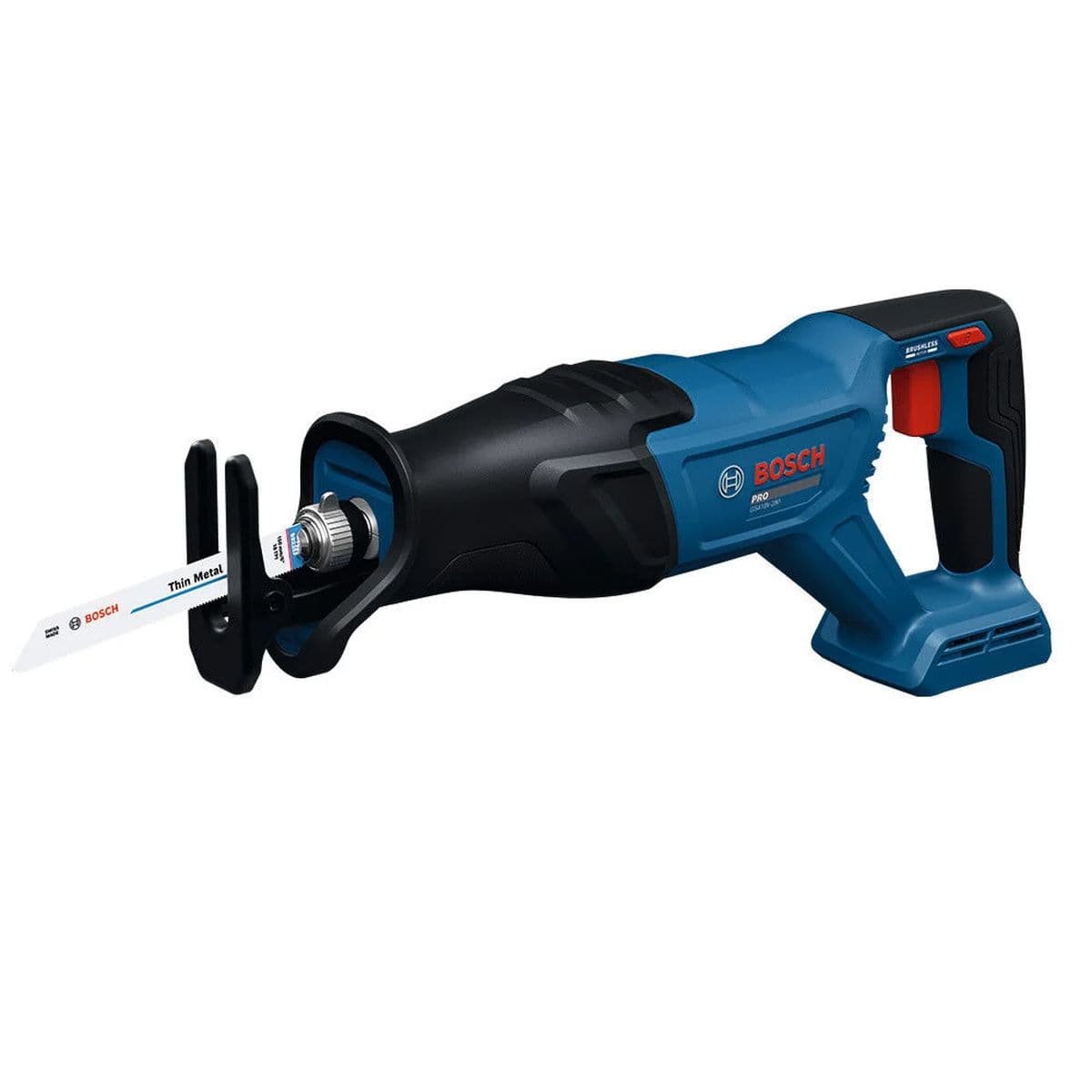 A clean profile studio product view of the standalone Bosch GSA18V-280N 18V Max Brushless Reciprocating Saw isolated against a crisp white background. This handheld cordless power cutting tool features a sleek blue and black housing, an ergonomic handle, a red variable speed trigger, a robust black front shroud, and a thin metal sawing blade locked securely into its chuck.
