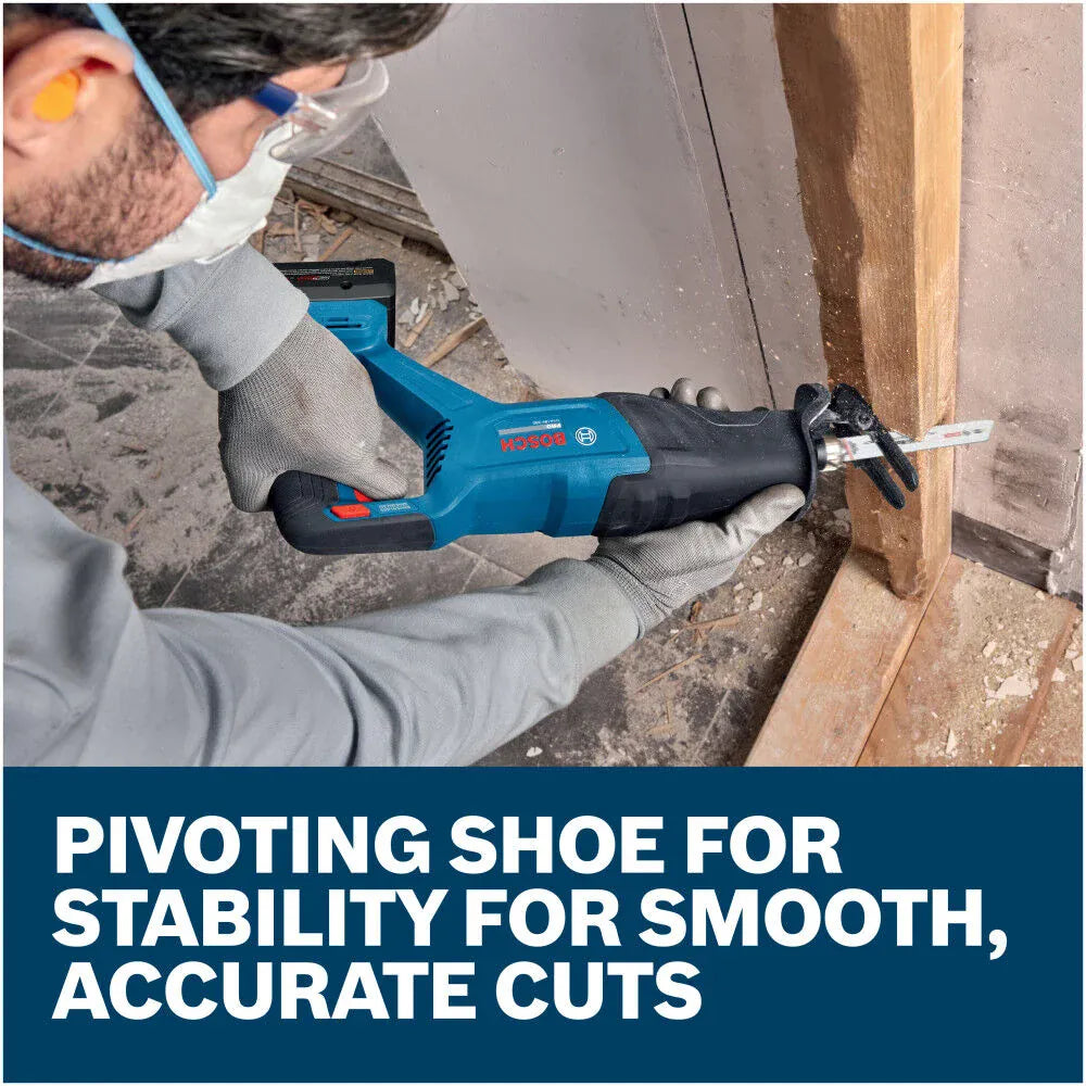 An overhead action shot of a construction worker wearing a protective dust mask and clear safety glasses slicing a wooden stud at floor level using the Bosch GSA18V-280N brushless reciprocating saw. The saw's pivoting steel shoe is pressed flat against the timber workpiece, accompanied by a lower text box stating Pivoting shoe for stability for smooth, accurate cuts.