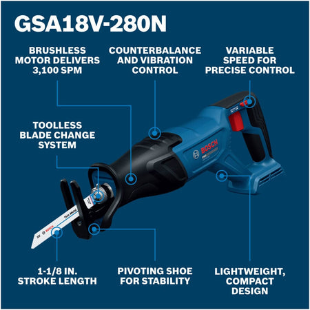 Bosch GSA18V-280N reciprocating saw structural feature diagram optimized for search engine algorithms. Clear callout lines laid over a deep blue background map out the primary advantages of this heavy duty cordless cutting tool, labeling its brushless motor delivering 3,100 SPM, internal counterbalance vibration control, variable speed trigger, toolless blade change system, 1-1/8 inch stroke length, pivoting stabilizing shoe, and lightweight compact design.