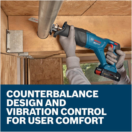 An action close-up showing a trade contractor using the Bosch 18V max cordless reciprocating saw to cut horizontally through a metal pipe conduit running along a wooden structural beam. The worker holds the tool with both hands using gray protective gloves, set above a bold blue graphic text banner that reads Counterbalance design and vibration control for user comfort.