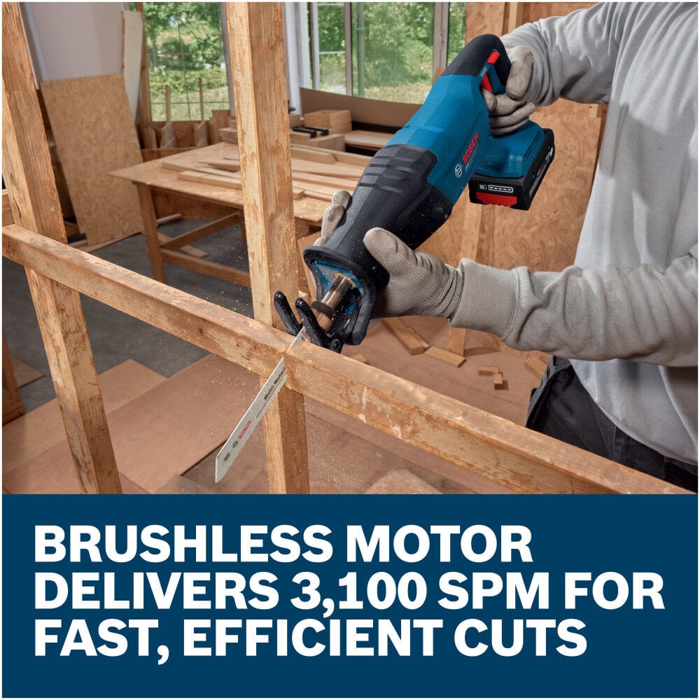 A professional craftsman operating the heavy duty Bosch 18V cordless reciprocating saw to plunge-cut through a vertical structural wood 2x4 framing post inside a building framework. This mid-shot view captures the sawing dust spraying from the blade path, positioned above a solid blue marketing banner that reads Brushless motor delivers 3,100 SPM for fast, efficient cuts.
