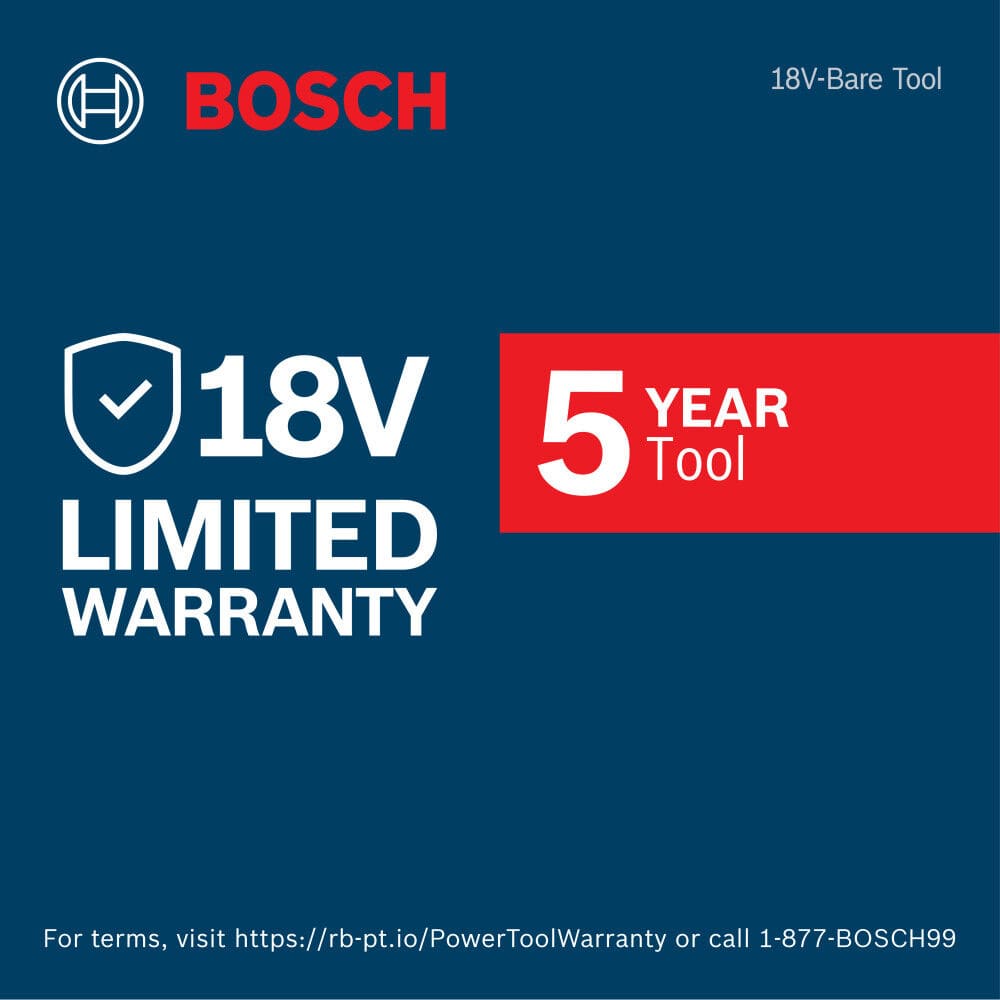 Official product limited warranty information card layout for the Bosch 18V Max Cordless Bare Tool platform. Set on a dark blue background panel, the clean design elements detail an executive 5 year tool replacement limited warranty policy alongside helpful web links and phone support parameters for trade network protection.