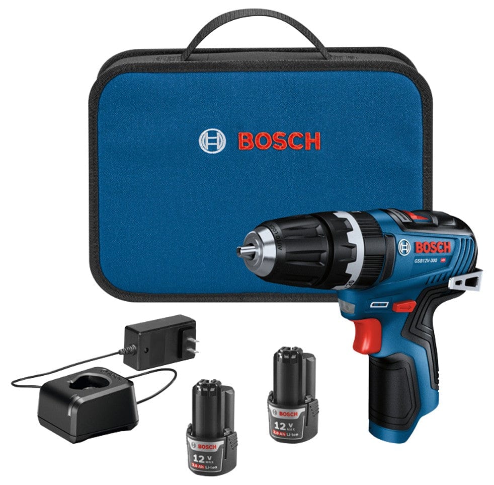 A studio kit shot of the Bosch 12V Max brushless 3/8-inch hammer drill/driver, including the handheld tool, two 12V Max 2.0 Ah lithium-ion batteries, a battery charger, and a blue and black zippered carrying bag with the Bosch logo.