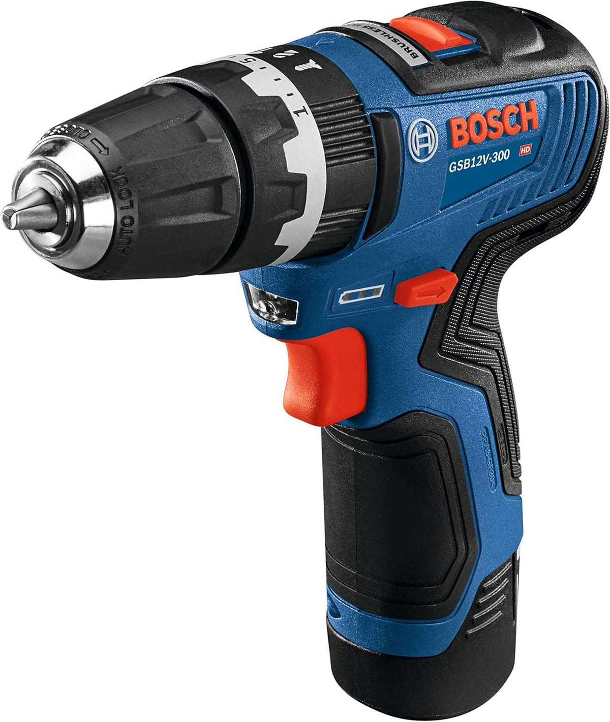 A direct side-profile view of the blue and black Bosch brushless hammer drill/driver standing vertically, showcasing the red trigger, the torque and mode adjustment collar, and the integrated battery fuel gauge.