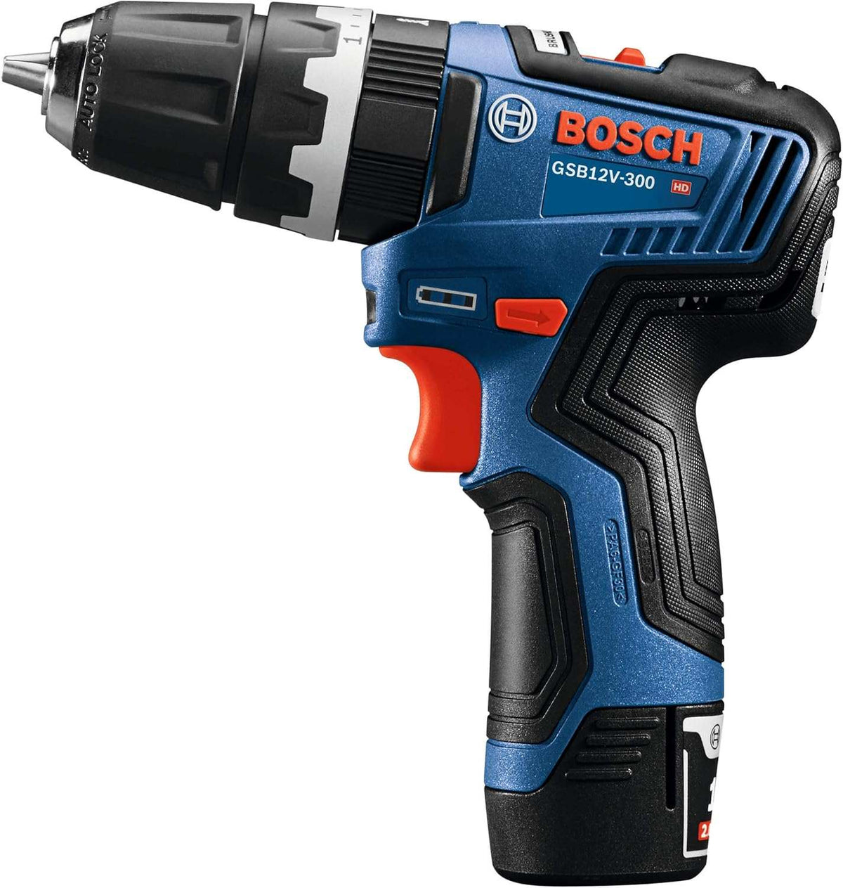 A direct side-profile view of the Bosch 12V Max hammer drill/driver against a white background, highlighting its professional compact design and ergonomic textured grip.