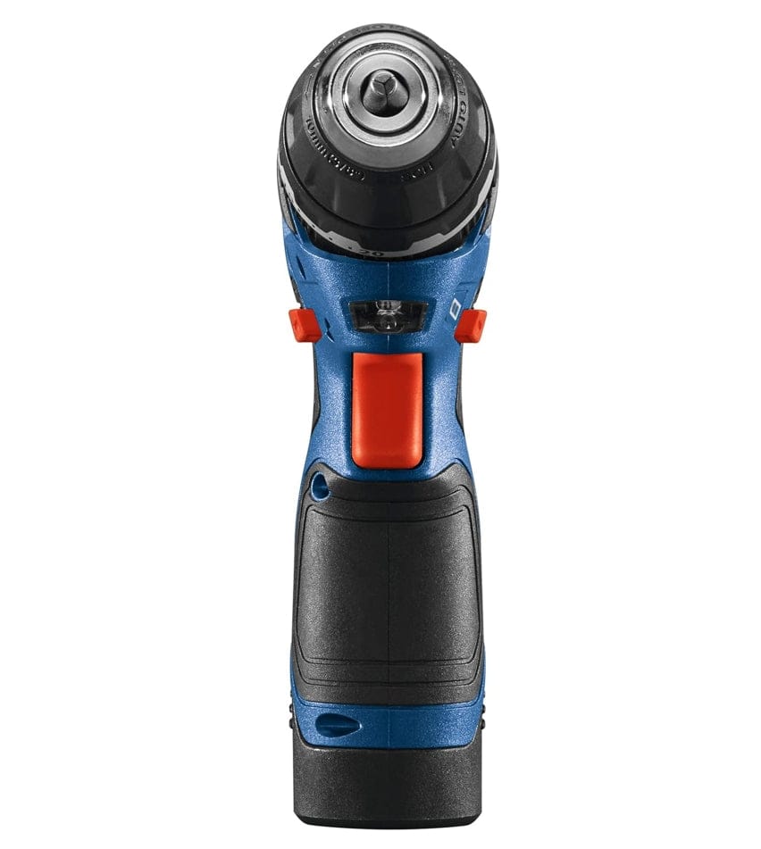 A direct front view of the Bosch hammer drill/driver showcasing the 3/8-inch keyless chuck, the red trigger button, and the slim profile of the battery housing.