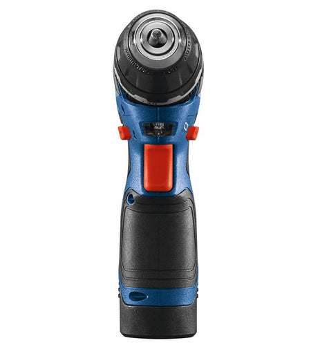 A direct front view of the Bosch hammer drill/driver showcasing the 3/8-inch keyless chuck, the red trigger button, and the slim profile of the battery housing.