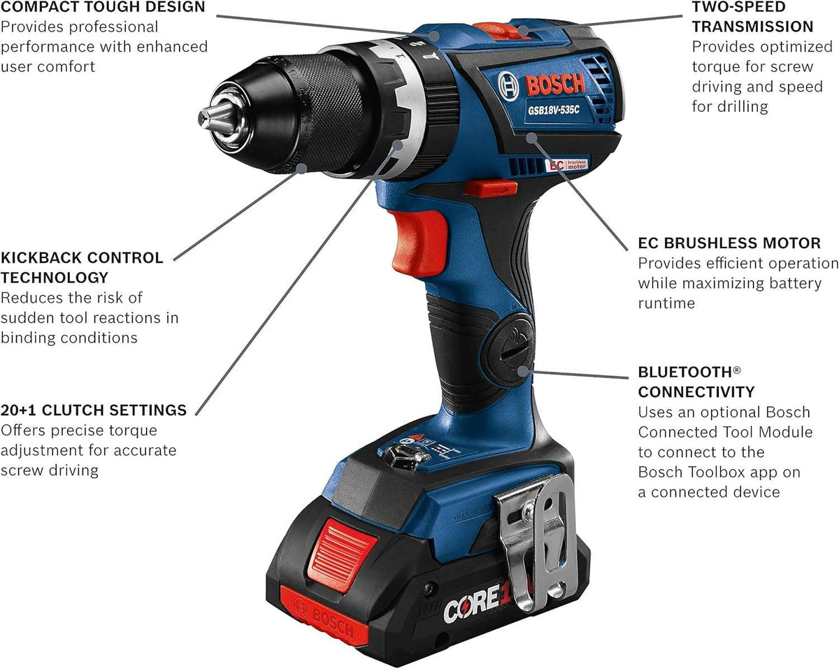 Detailed infographic of the Bosch GSB18V-535C hammer drill highlighting technical features including KickBack Control technology, 20 plus 1 clutch settings, a two-speed transmission, EC brushless motor, and Bluetooth connectivity.