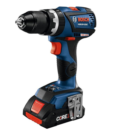 Three-quarter perspective view of the Bosch 18V brushless hammer drill showing the all-metal chuck, red variable speed trigger, and the attached CORE18V 4.0Ah compact battery.