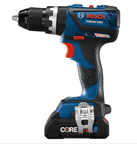 Side profile view of the Bosch GSB18V-535C hammer drill driver emphasizing its compact design, ergonomic grip, and integrated belt clip for professional jobsite use.