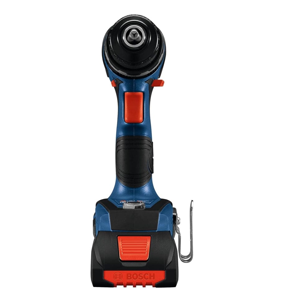 Front-facing view of the Bosch 18V hammer drill highlighting the 1/2-inch keyless all-metal chuck and the bright LED work light positioned above the battery base.