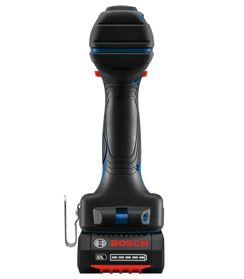 Rear-facing view of the Bosch brushless drill driver showing the motor housing vents and the battery fuel gauge indicator on the CORE18V 4.0Ah battery.