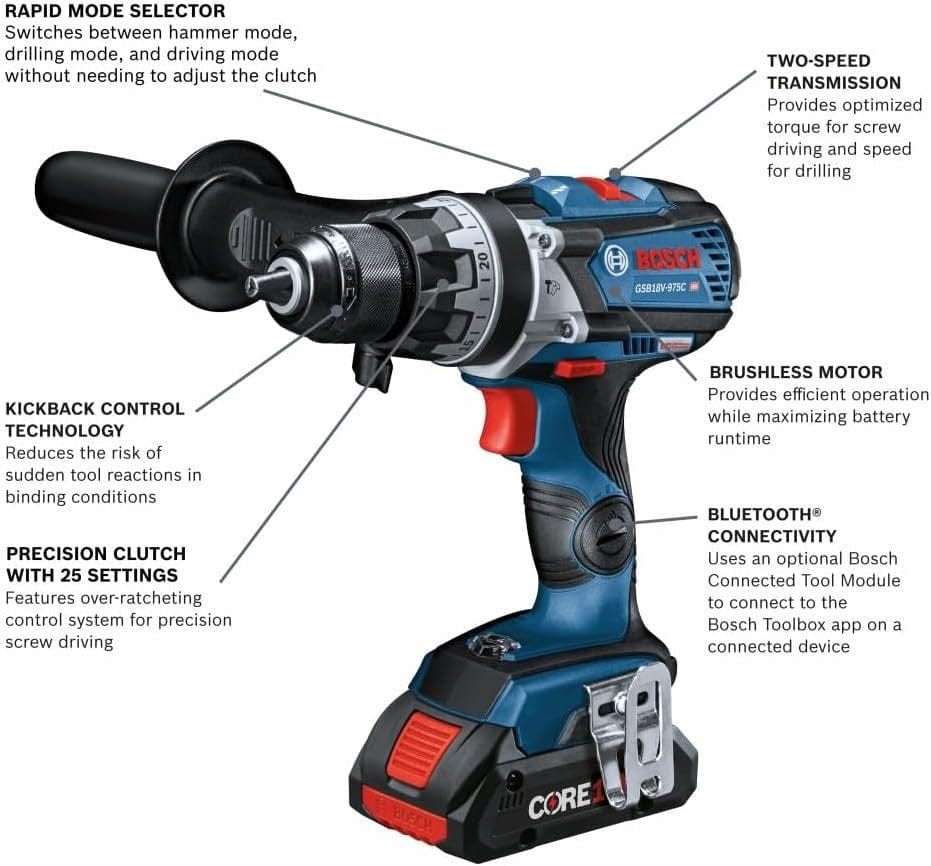 An informative product diagram of the GSB18V-975C hammer drill with labels and lines pointing to key features: the rapid mode selector for switching between hammer, drilling, and driving modes; the two-speed transmission; the brushless motor; the Bluetooth connectivity port; the 25-setting precision clutch; and the KickBack Control technology.