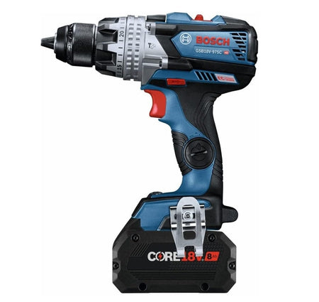A detailed side-profile view of the blue and black Bosch brushless hammer drill driver standing upright, equipped with an 8.0 Ah CORE18V battery at the base and a silver metal belt clip on the side.A detailed side-profile view of the blue and black Bosch brushless hammer drill driver standing upright, equipped with an 8.0 Ah CORE18V battery at the base and a silver metal belt clip on the side.
