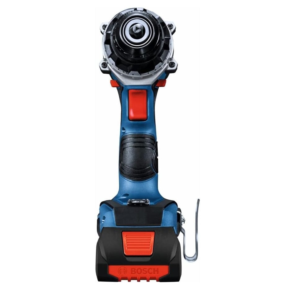 A direct front view of the Bosch hammer drill driver highlighting the all-metal 1/2-inch keyless chuck, the bright red trigger, and the slim profile of the CORE18V battery attached to the handle.