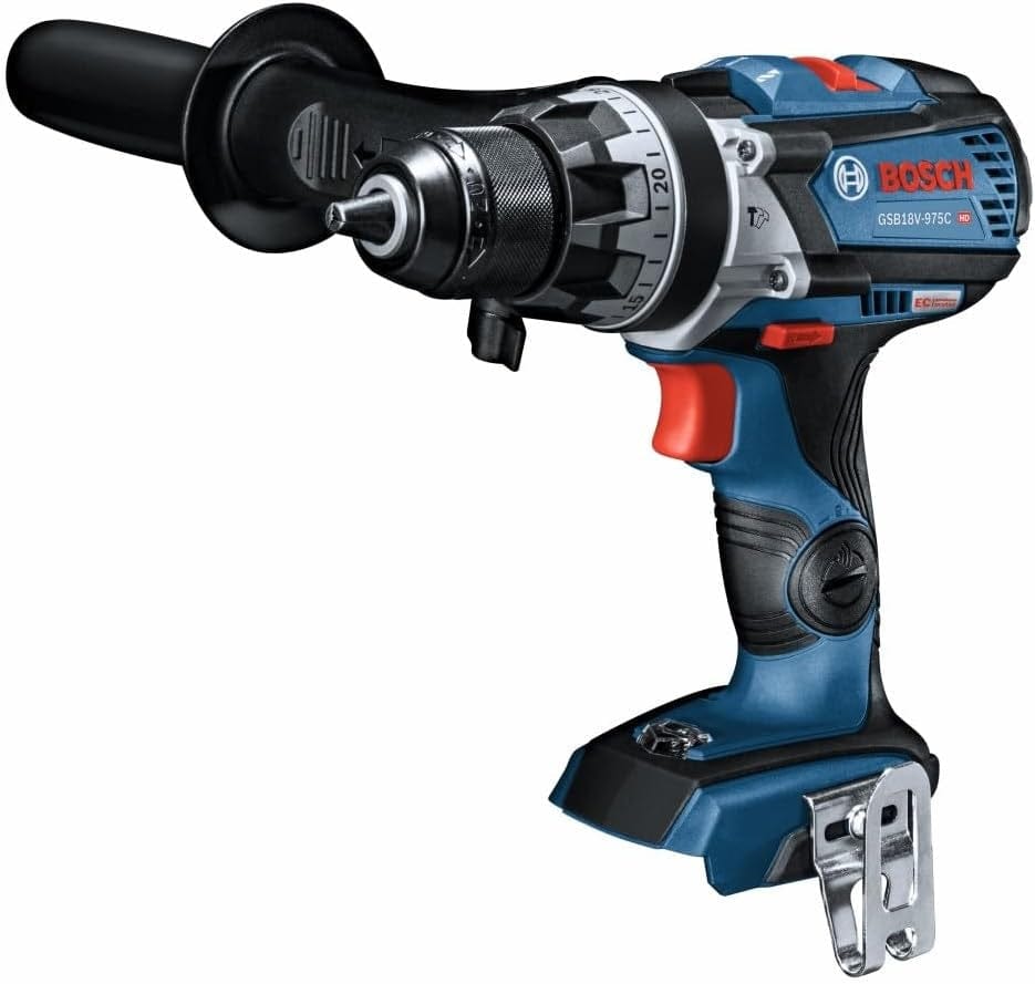 A three-quarter studio shot of the Bosch GSB18V-975CN 18V hammer drill/driver in blue and black with an all-metal chuck, red trigger, and 360-degree side handle.