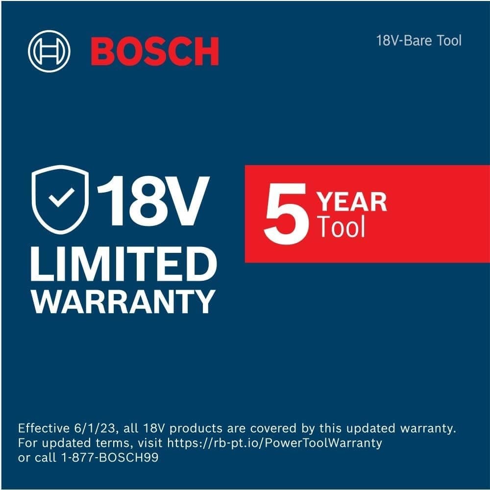 Warranty graphic for Bosch 18V bare tools showing a 5-year tool limited warranty effective June 1, 2023.