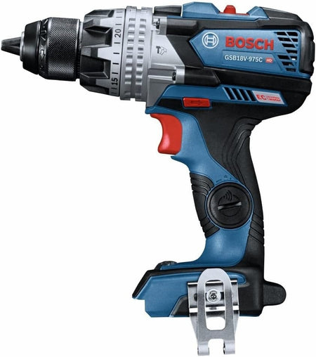 Side profile view of the Bosch 18V hammer drill/driver showing the mode selection ring, the red trigger, the variable speed switch, and the metal belt clip.