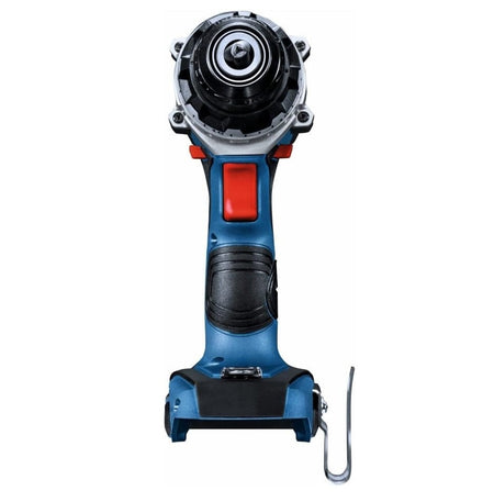 Direct front view of the Bosch hammer drill/driver showing the keyless all-metal chuck, the red trigger, and the handle ergonomics.