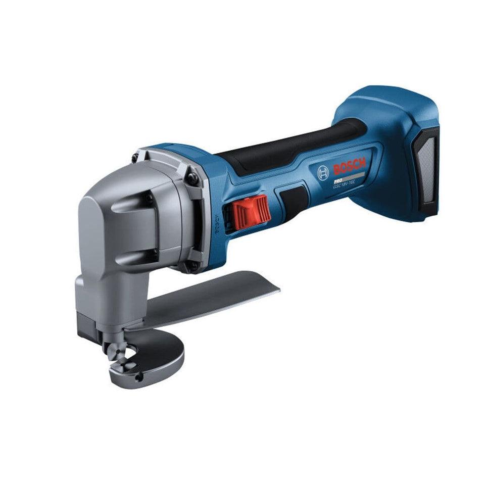 An isolated product studio three-quarter view of the complete Bosch GSC18V-16EN 18V cordless sheet metal shear set against a clean white background, showcasing its silver-finished cast metal single-shear cutting head housing, a dynamic metal chip deflector plate, a red sliding power switch toggle, and an ergonomic blue and black barrel-grip handle motor chassis.