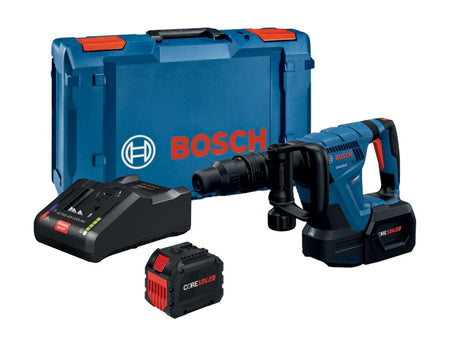 The complete Bosch GSH18V-5L212 kit displayed together, including the cordless demolition hammer, a CORE18V 12.0 Ah battery, a turbo charger, and a stackable blue L-BOXX storage case.