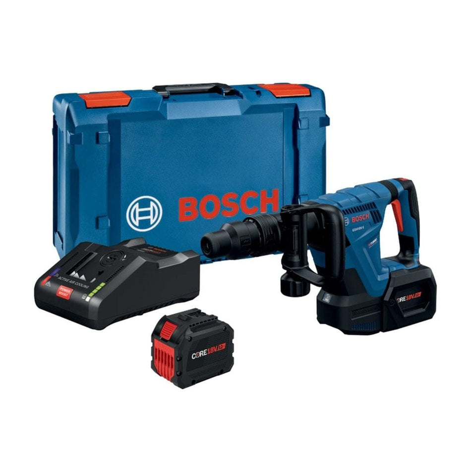 The complete Bosch GSH18V-5L212 kit displayed together, including the cordless demolition hammer, a CORE18V 12.0 Ah battery, a turbo charger, and a stackable blue L-BOXX storage case.