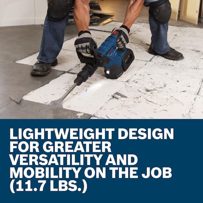 An operator in knee pads uses the Bosch demolition hammer to remove tile and mortar from a concrete floor, with text noting the lightweight 11.7 lb. design for mobility.