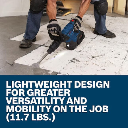 An operator in knee pads uses the Bosch demolition hammer to remove tile and mortar from a concrete floor, with text noting the lightweight 11.7 lb. design for mobility.